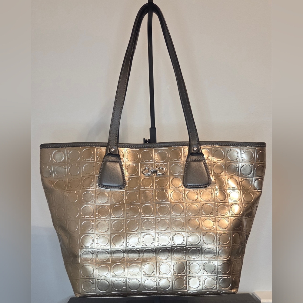 Salvatore Ferragamo Metallic Mercurio Gancini Embossed Tote Bag Bronze Gold